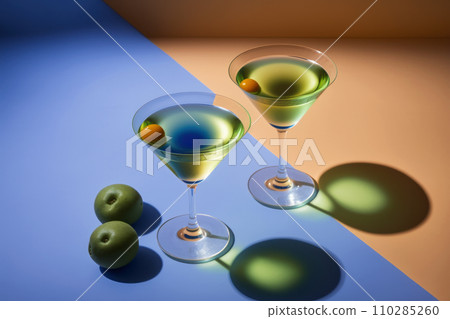 Two martini glasses with an elegant pattern with an alcoholic drink Two martini glasses with an elegant pattern with an alcoholic drink 110285260