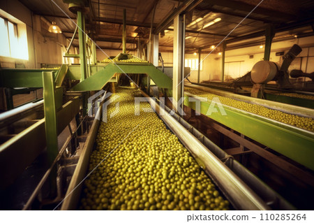 Green large delicious olives are moved in conveys. Generated by AI. Green large delicious olives are moved in conveys. Generated by AI. 110285264