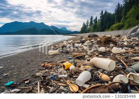 Ocean pollution and marine debris, plastic waste and other rubbish along the coast, beach pollution concept. Generative AI 110285499