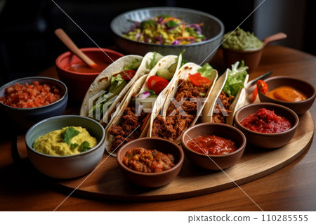 Traditional Mexican dish. Delicious tacos with guacamole and chili. Traditional Mexican dish. Delicious tacos with guacamole and chili. 110285555