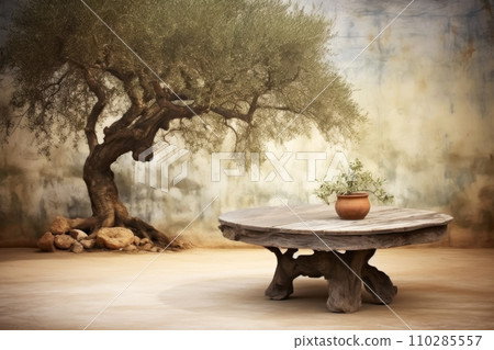 An old vintage table with carved legs under an old large olive tree An old vintage table with carved legs under an old large olive tree 110285557