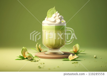 Delicious matcha latte with fluffy foam in a transparent glass with green tea leaf powder Delicious matcha latte with fluffy foam in a transparent glass with green tea leaf powder 110285558