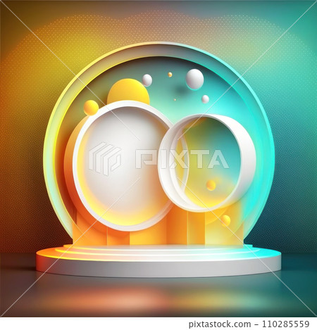 Beautiful podium for products in neon colors with mountains Beautiful podium for products in neon colors with mountains 110285559