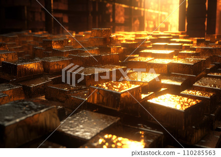 Beautiful backdrop of many blocks of yellow precious metal. Generated by AI. Beautiful backdrop of many blocks of yellow precious metal. Generated by AI. 110285563