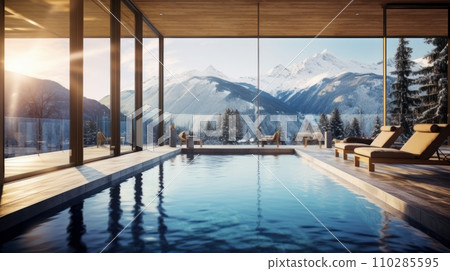 Swimming pool with panoramic windows in an ecological chalet hotel at an alpine ski resort overlooking the snowy landscape and mountains. Swimming pool with panoramic windows in an ecological chalet hotel at an alpine ski resort overlooking the snowy landscape and mountains. 110285595