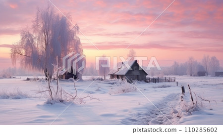 A small cozy, homely house in a village in the distance surrounded by a snow-covered landscape of beautiful nature in the middle of winter in pink sunshine. 110285602