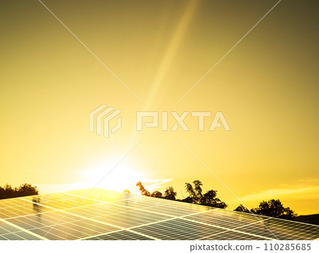 Solar Panels Solar Cells on Rooftop House Technology Home Building on sunset background,Plant Smart Solar System Micro Inverter Solar Panels Energy on Roof House,Electric Eco Environment ecology. 110285685