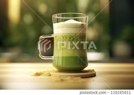 Delicious matcha latte with fluffy foam in a transparent glass on a wooden plate 110285811