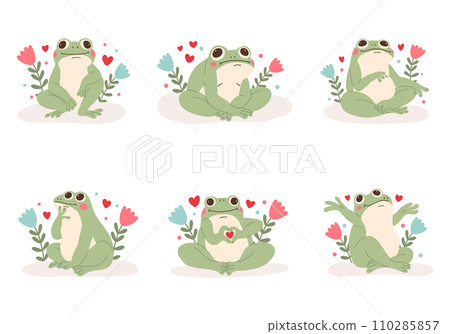 Collection of funny frog characters for Valentine's day. Funny thoughtful frog. Green toad in love.  110285857