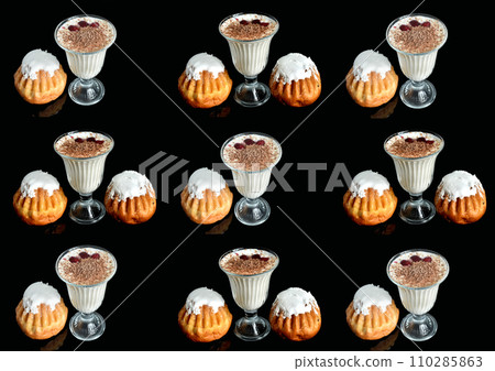 Collage of photographs depicting baba cake and cream. Collage of photographs depicting baba cake and cream. 110285863