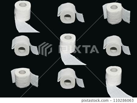 Collage of photographs depicting toilet paper rolls. 110286063