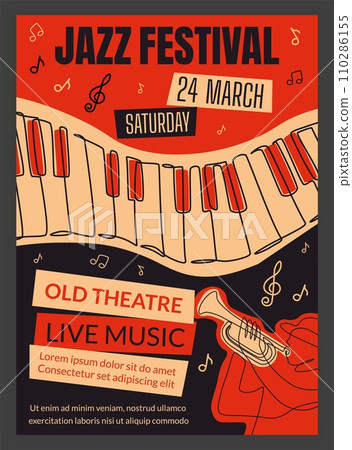 Jazz band poster. Party invitation. Music concert event. Acoustic musical festival. Musician playing trumpet. Piano keyboard line drawing. Nightlife entertainment placard. Vector retro design banner Jazz band poster. Party invitation. Music concert event. Acoustic musical festival. Musician playing trumpet. Piano keyboard line drawing. Nightlife entertainment placard. Vector retro design banner 110286155