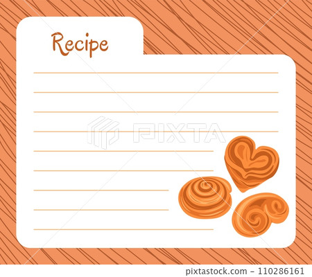 Bakery recipe. Cookbook sheet. Blank paper page. Culinary notebook. Cake cooking. Sweet bun and pretzel. Pastry preparation. Baking reminder. Homemade dessert. Ingredients list. Vector note design Bakery recipe. Cookbook sheet. Blank paper page. Culinary notebook. Cake cooking. Sweet bun and pretzel. Pastry preparation. Baking reminder. Homemade dessert. Ingredients list. Vector note design 110286161
