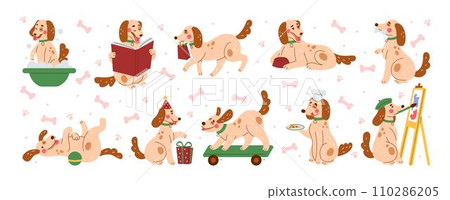 Dog work home. Puppy funny animal at office. remote workers stickers, desk smart, reading book, freelance life, pet playing and drawing on white background. Vector cartoon flat isolated illustration 110286205