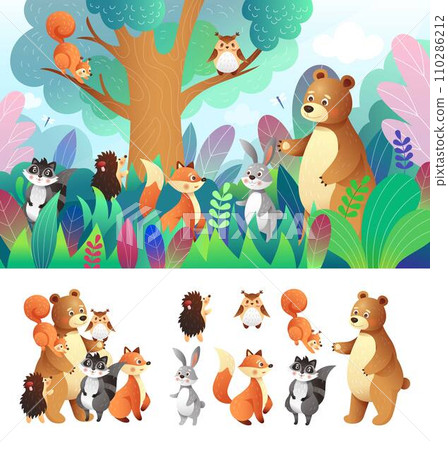 Safari nature. Jungle forest. Cute animals group. Cartoon bear and fox in meadow. Baby owl. Summer woodland. Children landscape. Kids art collection. Childish fairytale background. Vector tidy design 110286212