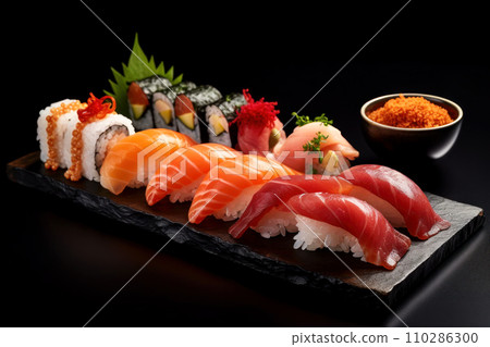 Traditional Japanese dish on a black background. Delicious fresh rolls, sushi, sashimi Traditional Japanese dish on a black background. Delicious fresh rolls, sushi, sashimi 110286300