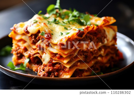 Close-up of a piece of lasagna with meat, cheese and bolognese sauce. Generated by AI. 110286302