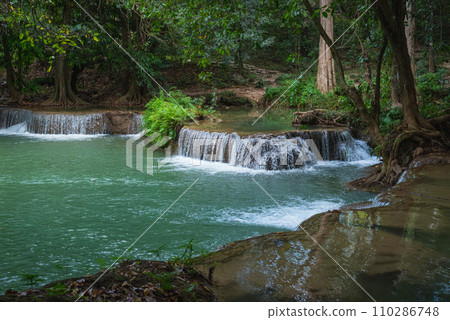 Tropical landscape with waterfall in evening. Muak Lek River and banyan trees with bizarre roots in Chet Sao Noi National Park, Thailand Tropical landscape with waterfall in evening. Muak Lek River and banyan trees with bizarre roots in Chet Sao Noi National Park, Thailand 110286748