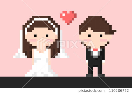 Man and Woman Couple in wedding dress and suit, bride and groom Icon, Pixel 8 bit style 110286752