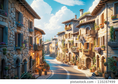 AI-generated content. An inviting Italian street in the golden hour, stone-built homes with balconies overflowing with flowers, road 110287499