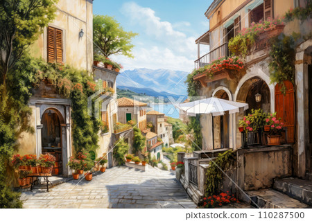 AI-generated content. A picturesque Mediterranean village scene with quaint cobblestone pathways leading past old houses  110287500