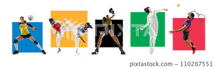 Set of different athletes, men and women of diverse kind of sports isolated over white background with colorful elements. Championship, games, sport Set of different athletes, men and women of diverse kind of sports isolated over white background with colorful elements. Championship, games, sport 110287551