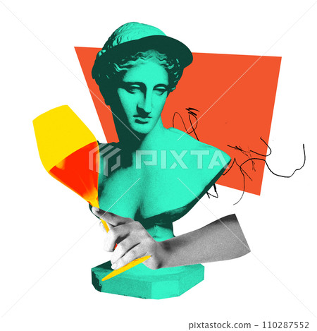 Antique statue bust in cap and hand with popular alcohol cocktail over white background. Contemporary art collage. 110287552