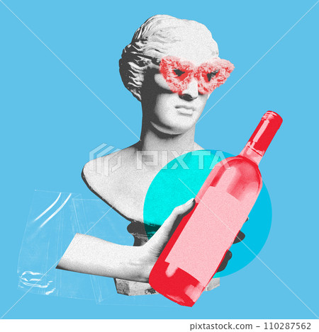 Female antique statue bust in fluffy sunglasses with hand holing bottle of wine over blue background. Contemporary art collage. Female antique statue bust in fluffy sunglasses with hand holing bottle of wine over blue background. Contemporary art collage. 110287562