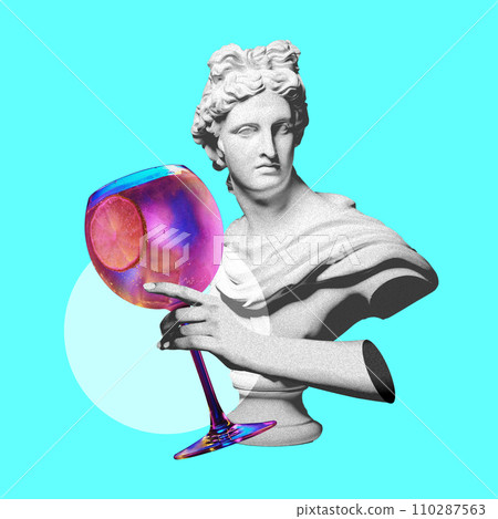 Antique statue buys and hand holding delicious cocktail over blue background. Contemporary art collage. Modern drinks Antique statue buys and hand holding delicious cocktail over blue background. Contemporary art collage. Modern drinks 110287563