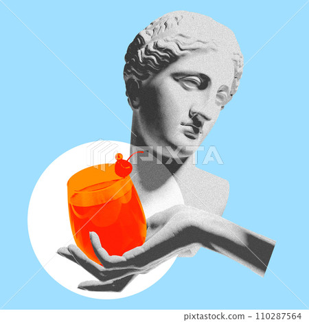 Female antique statue bust and sweet and sour cocktail over pastel blue background. Contemporary art collage. Female antique statue bust and sweet and sour cocktail over pastel blue background. Contemporary art collage. 110287564