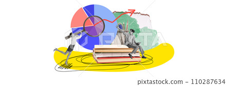 Young people working on analytics, developing successful strategies for projects promotion. Contemporary art collage. 110287634