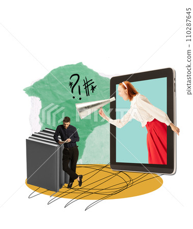 Female project manager sticking out of tablet, shouting in megaphone at male employee reading social media. Contemporary art collage. Female project manager sticking out of tablet, shouting in megaphone at male employee reading social media. Contemporary art collage. 110287645