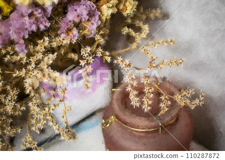 Close-up of Blooming Purple, White and Yellow Flowers, oil painting Close-up of Blooming Purple, White and Yellow Flowers, oil painting 110287872