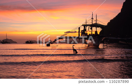Traditional philippine boat bangka at sunset time. Beautiful sunset with silhouettes of philippine boats in El Nido, Palawan island, Philippines. Orange sky sunset paradise beach. 110287890