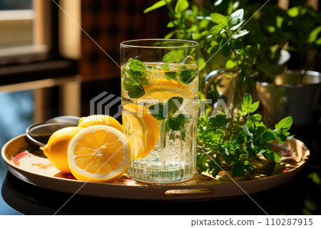 Glass of water with lemon on a tray for breakfast 110287915