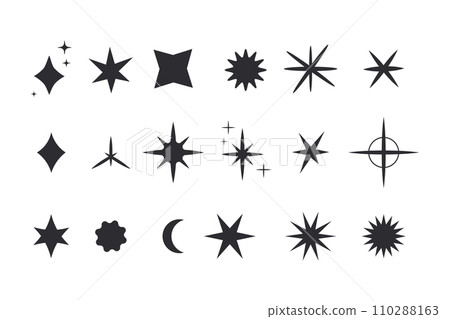 Set star sparkle silhouette y2k burst, geometry abstract shape isolated on white background. Collection futuristic hipster design elements Set star sparkle silhouette y2k burst, geometry abstract shape isolated on white background. Collection futuristic hipster design elements 110288163