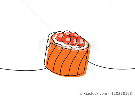 Ikura sushi, tobiko maki sushi one line colored continuous drawing. Japanese cuisine, traditional food continuous one line illustration. 110288198