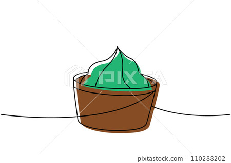 Bowl of vasabi one line colored continuous drawing. Japanese cuisine, traditional food continuous one line illustration. Vector linear illustration 110288202