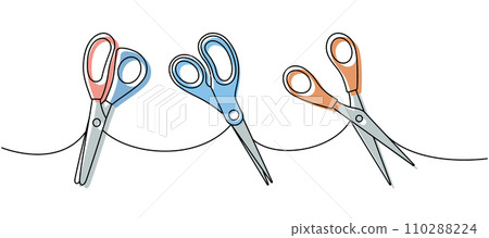 Scissors. Back to school one line colored continuous drawing. School supplies continuous one line illustration. Vector minimalist linear illustration. 110288224