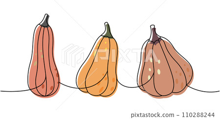 Autumn pumpkins. Pumpkins one line colored continuous drawing. Autumn halloween vegetables continuous one line illustration. Vector illustration. Autumn pumpkins. Pumpkins one line colored continuous drawing. Autumn halloween vegetables continuous one line illustration. Vector illustration. 110288244