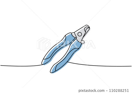 Pet nail clippers, claw scissors one line colored continuous drawing. Animals accessories, pet toy supplies continuous one line illustration. Pet nail clippers, claw scissors one line colored continuous drawing. Animals accessories, pet toy supplies continuous one line illustration. 110288251
