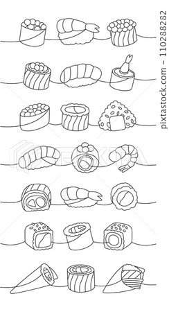 Sushi rolls set. Japanese traditional food one line drawing. Ikura sushi, tobiko maki, philadelphia roll, onigiri, shrimp nigiri, tekkamaki tuna roll 110288282
