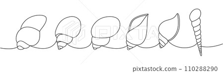 Set of sea shells. Sea shells, mollusks, scallop, pearls. Tropical underwater shells continuous one line illustration. Vector minimalist illustration. 110288290