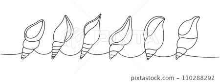 Mollusks set. Sea shells, mollusks, scallop, pearls. Tropical underwater shells continuous one line illustration. Vector minimalist illustration. 110288292