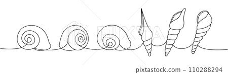 Scallop sea shells set. Sea shells, mollusks, scallop, pearls. Tropical underwater shells continuous one line illustration. Scallop sea shells set. Sea shells, mollusks, scallop, pearls. Tropical underwater shells continuous one line illustration. 110288294