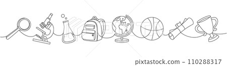 School supplies set. Back to school one line continuous drawing. Backpack, schoolbag, globe, basketball ball, magnifying glass, microscope, test tubes 110288317
