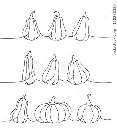 Halloween pumpkins. Set of pumpkins one line continuous drawing. Autumn halloween vegetables continuous one line illustration. 110288320
