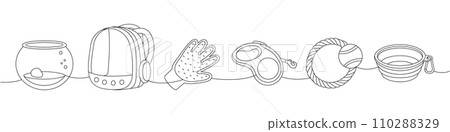 Animal supplies collection. Aquarium, terrarium, backpack carrier, hair remover glove, tape measure leash, dog chew toy, portable water bowl 110288329