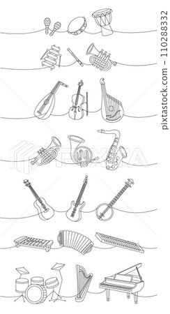Musical instruments. Djembe drum, bongo, maracas, xylophone, flute, trumpet, lute, violin, bandura, tuba, french horn, saxophone, guitar. 110288332