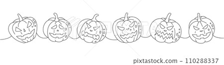Halloween pumpkins with scary faces. Set of pumpkins faces one line continuous drawing. Autumn halloween vegetables continuous one line illustration. 110288337